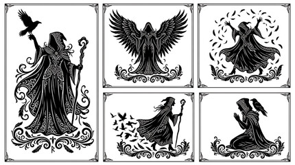 Naklejka premium Witch and crow silhouette icon set for fantasy design and mystical occult illustrations