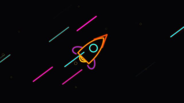 Colorful retro neon rocket ship motion graphics video loop on black background