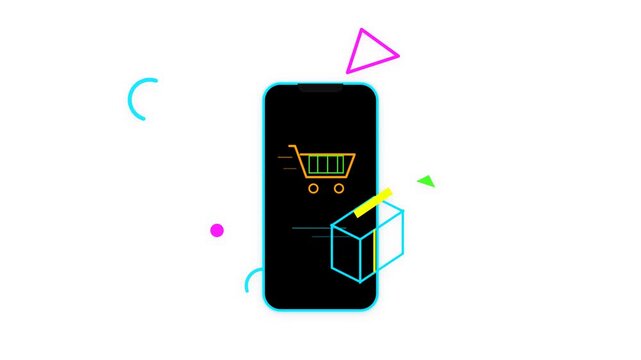 Online shopping motion graphics showing a smartphone with cart and box icons on white background.