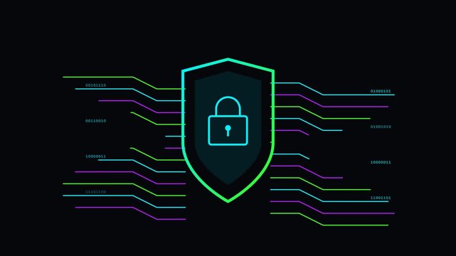 Cyber security footage showing a protected shield with binary code and padlock icon animation.
