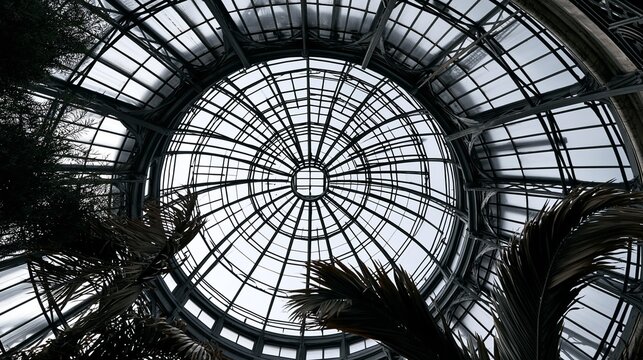 Glass dome arches upward, framing green palms below