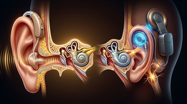 Medical illustration of ear with hearing aid and cochlear implant