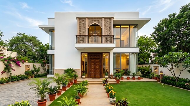 A bright, modern newly constructed house with clean white walls and large windows featuring traditional architectural elements like jali work or carved wooden doors. 