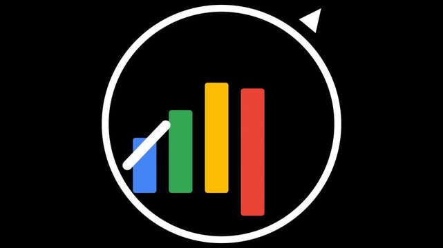 Animated Colorful Bar Chart and Growth Arrow in Circle on Black Background