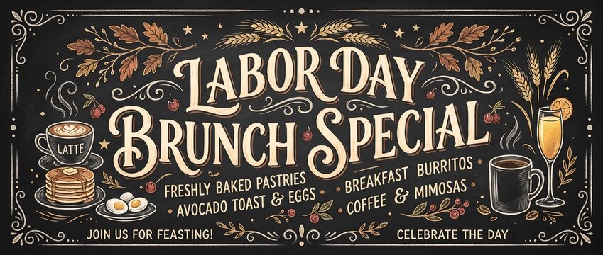Labor Day brunch special chalkboard menu with vintage rustic design and holiday promotion details