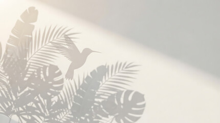 Naklejka premium Graceful Hummingbird and Tropical Leaf Shadows on a Clean White Wall