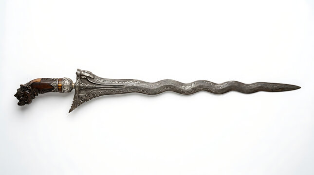 Traditional Antique Indonesian Kris Dagger with Wavy Steel Blade Isolated on White
