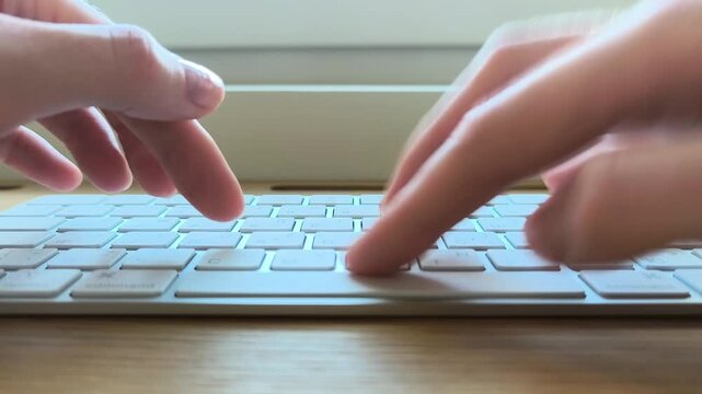 Fingers typing rapidly on a keyboard, POV angle. First-person view of hands moving quickly across keys. Close-up scene of fast everyday computer typing..