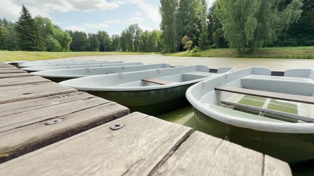 Empty rowboats rest moored along a wooden pier by a green park pond. This serene and peaceful scene creates a calm, relaxing atmosphere for visitors.