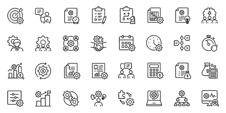 Project Management Icon Set with Business Strategy, Agile Workflow, Budget Planning, Team Collaboration and Time Scheduling Editable Stroke Vector Illustration.