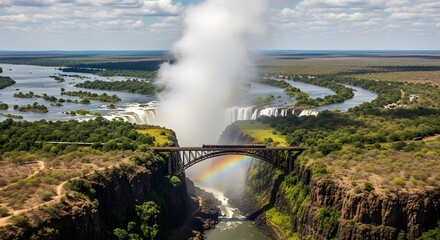 Fototapeta premium Aerial view victoria falls bridge with train and rainbow