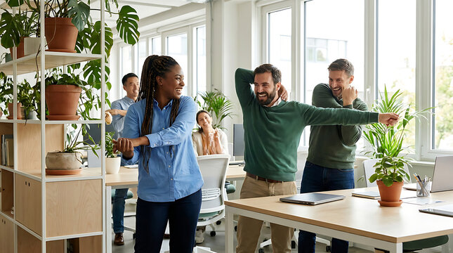 Diverse group of happy office employees stretching and exercising together during work break in bright open space.
