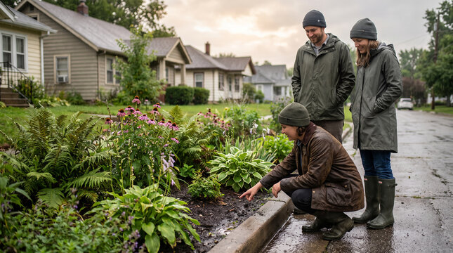 Neighbors tend a curbside rain garden after rainfall