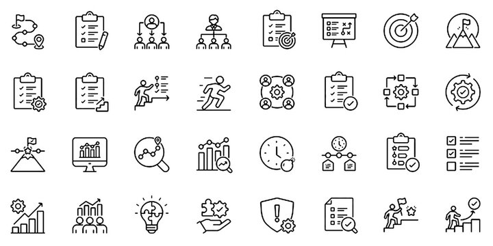 Action Plan Icon Set with Business Strategy, Project Execution, Workflow Progress and Team Collaboration Editable Stroke Vector Illustration.