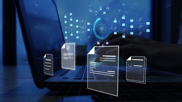 Ai Futuristic holographic interface of a file manager, folder structure with documents and data scanning, digital document storage software, cloud database, search and manage documents, paperless