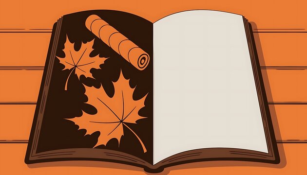 An open illustrated book featuring autumn maple leaves and a cinnamon roll illustration