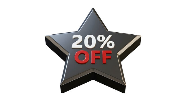 Black 3D star with 20 percent off text, retail discount badge for sale promotions, metallic star icon for marketing offers