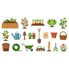 Fototapeta premium Set of gardening tools and vegetable plants for home farming isolated on a white background in flat style