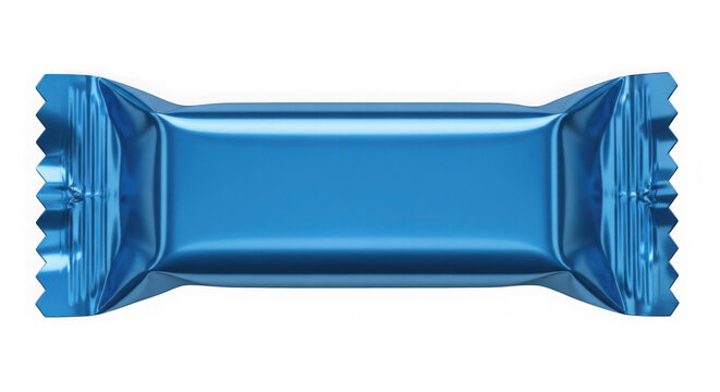 Blue metallic chocolate bar wrapper with embossed ridges. Glossy 3D candy packaging design for premium confectionery branding.