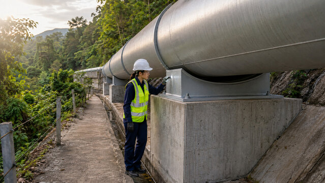 Civil engineer inspecting penstock support saddle and anchor block