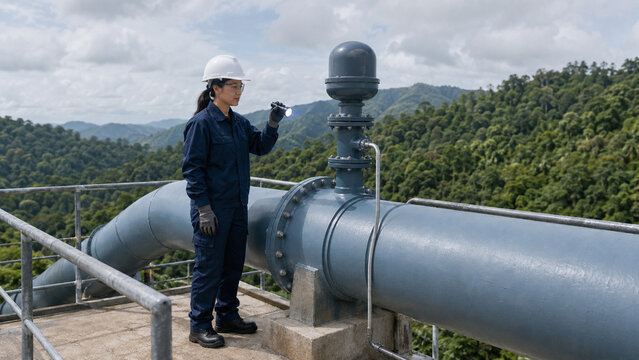 Technician inspecting penstock air release valve on mountain ridge