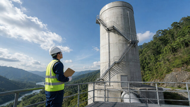 Engineer conducting exterior walkdown of hydropower surge tank