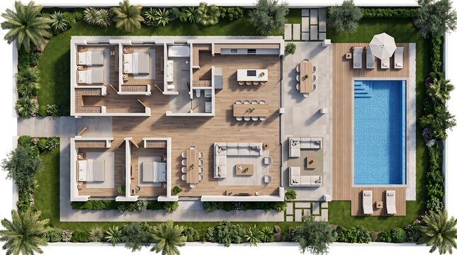 Modern luxury apartment floor plan with furniture layout and natural lighting design blueprint