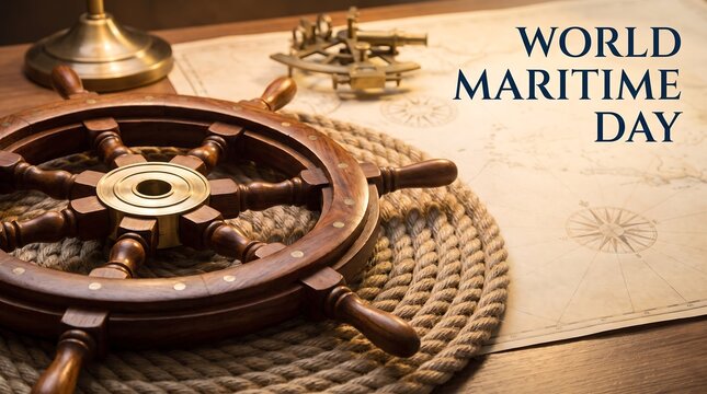 World Maritime Day vintage horizontal banner with ship wheel and map