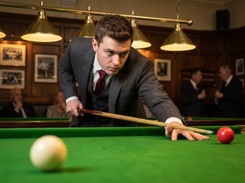  Serious Young Snooker Player in Charcoal Three Piece Suit Aiming Cue at Red Ball on Green Table in Upscale Billiards Club Championship Concept