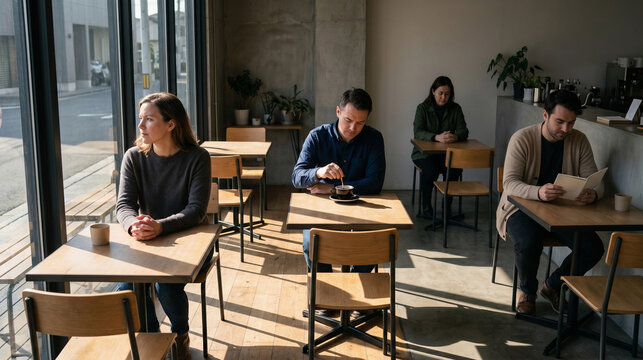 Quiet Cafe Moment With Nearby Strangers and Emotional Distance