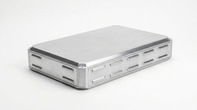 A premium solid-state electric vehicle battery module sits on a clean white background. The minimalist metallic design represents the incredible future of safe transport.