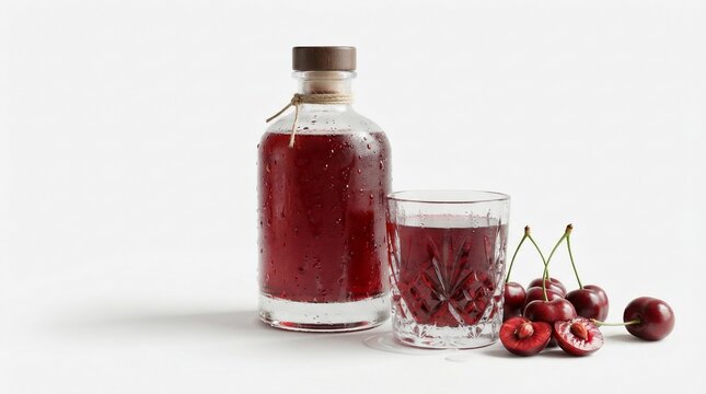Crimson berry liqueur in glass bottle and shot glass with fresh fruit