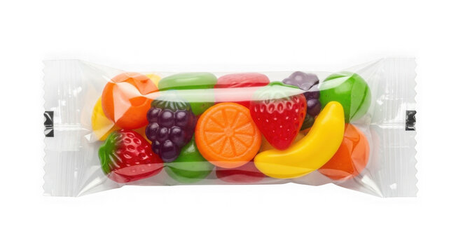 Assorted gummy candies in clear plastic packaging. Colorful jelly sweets isolated on transparent background for confectionery design.