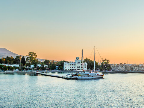 Traditional tour boat moored at Kos waterfront, Greece