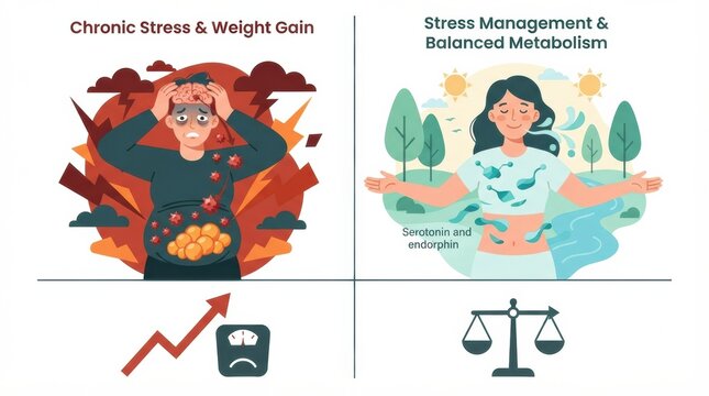 Illustration shows the effects of chronic stress on weight gain and the benefits of stress management for wellness and mental health.