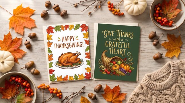 Happy Thanksgiving Greeting Cards Flat Lay with Turkey and Cornucopia Illustrations, Autumn Leaves, Pumpkins and Cozy Sweater on Wood Background.