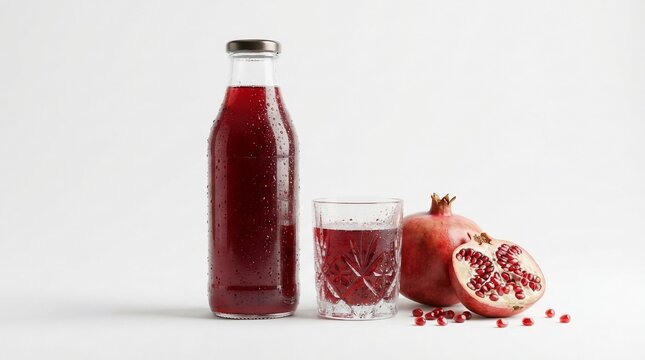 Pomegranate juice in bottle and glass with fruit and seeds