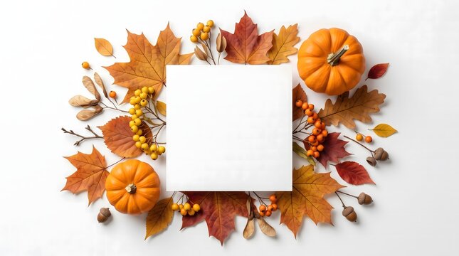 Autumn Flat Lay Mockup with Blank Square White Paper, Orange Pumpkins, Maple Leaves, Berries and Acorns on White Background for Thanksgiving Card.