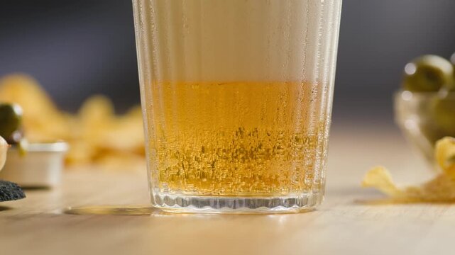 Fresh Spanish small beer served in a small glass with creamy foam at a traditional bar. Classic draft lager, authentic pub atmosphere, close-up food and drink