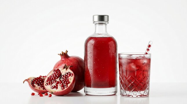 Red pomegranate juice drink in glass bottle and refreshing beverage
