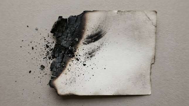 A piece of burnt paper with charred edges and scattered ash on a plain light grey background
