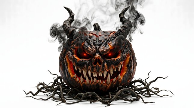 A terrifying horned jack o lantern pumpkin with glowing eyes and smoke isolated on a white background for halloween