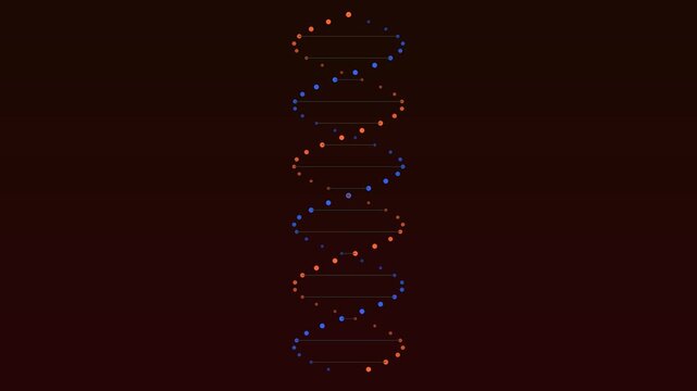 Rotating Blue and Orange Particle DNA Double Helix on Dark Maroon &ndash; Abstract Digital Genetics & Biotech Science Background Loop