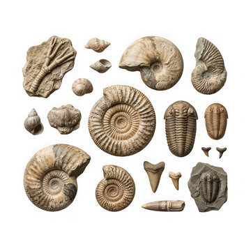 Collection of prehistoric ammonite and trilobite fossils on white back