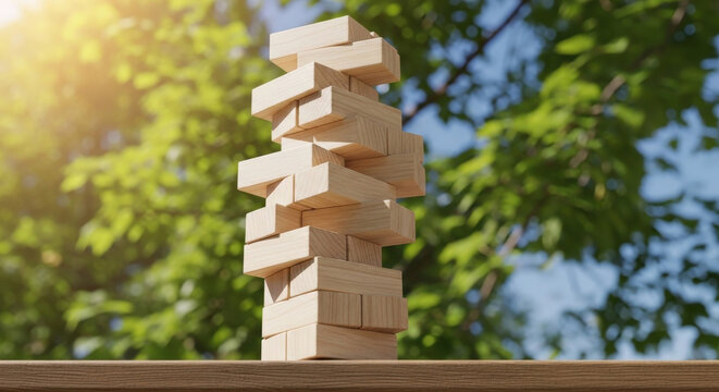 A precarious tower of light-colored wooden blocks stands balanced on a table surface outdoors with vibrant green leaves and soft sunlight creating a beautiful bokeh background in this bright scene.