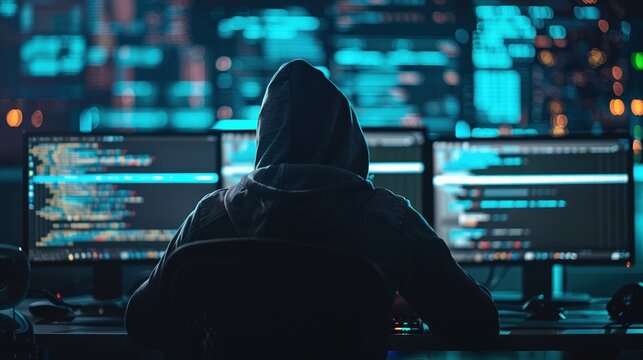 Cybersecurity expert or hacker working with code on screens in dark room
