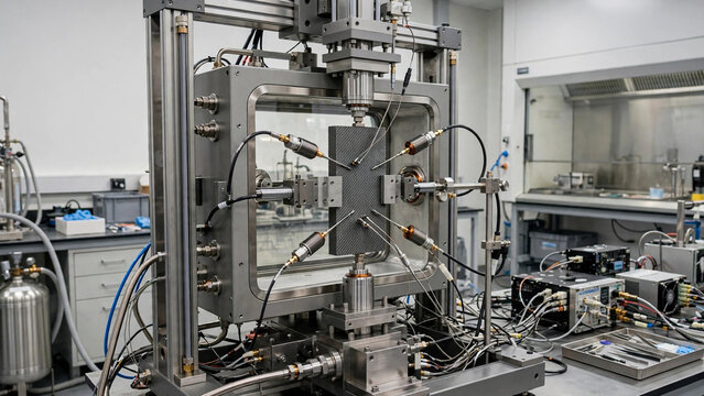 Mechanical thermal electromagnetic polymer testing machine, Advanced materials characterization with thermal chamber sensors, Polymer sample testing under mechanical thermal electromagnetic