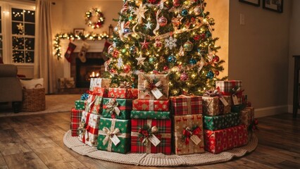 Fototapeta premium Cozy Christmas Living Room with Decorated Tree and Stacked Gifts