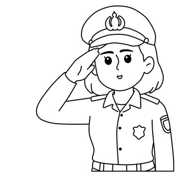 Female police officer saluting line art coloring page vector