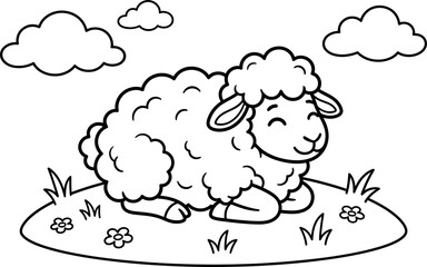 Cute cartoon lamb grazing in a field with clouds isolated on transparent background © Mansura